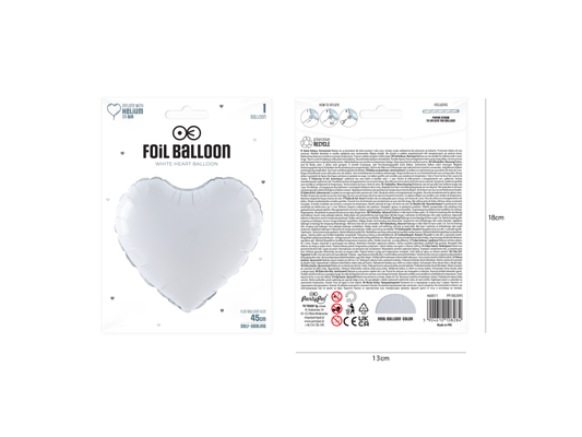 Folieballong, Hjärta, Vit, 46cm