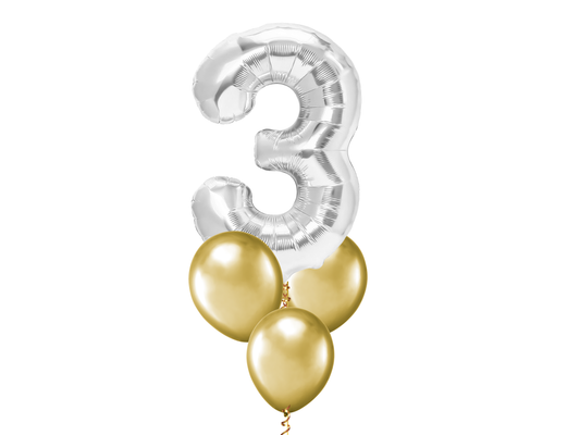 Heliumballong 1 siffra Silver + 3 valfria latexballonger
