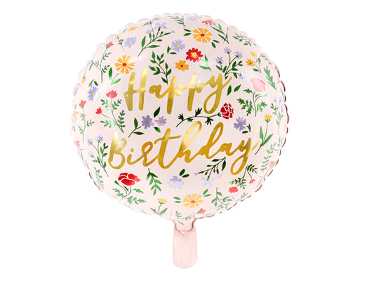 Folieballong, Happy Birthday, 35cm, Blommor