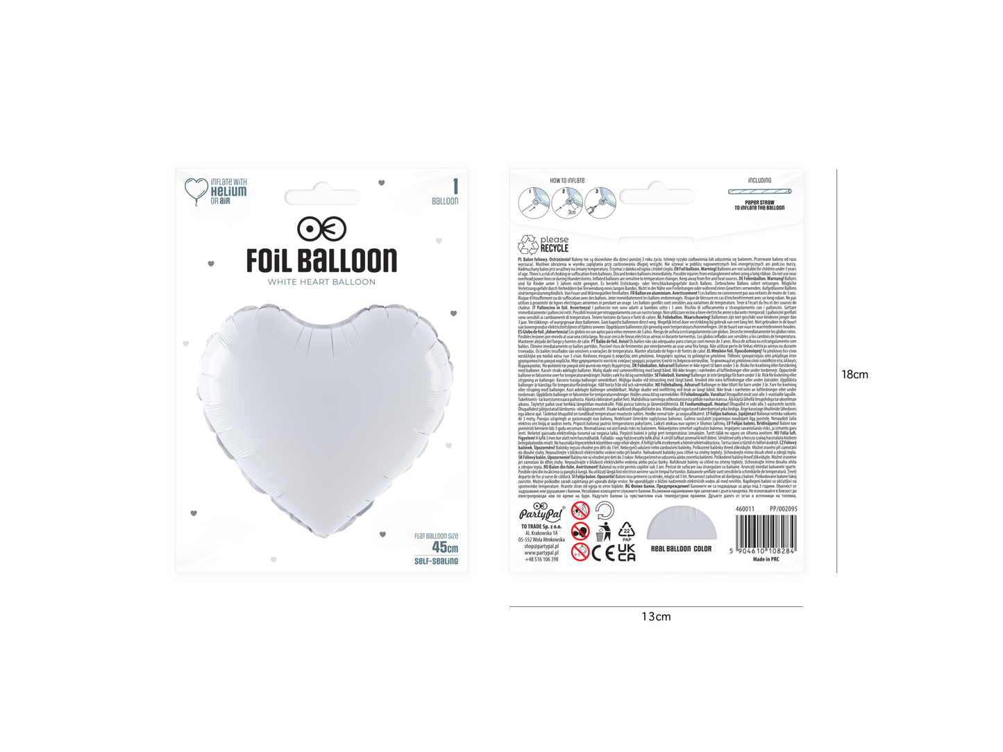 Folieballong, Hjärta, Vit, 46cm