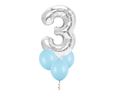 Heliumballong 1 siffra Silver + 3 valfria latexballonger