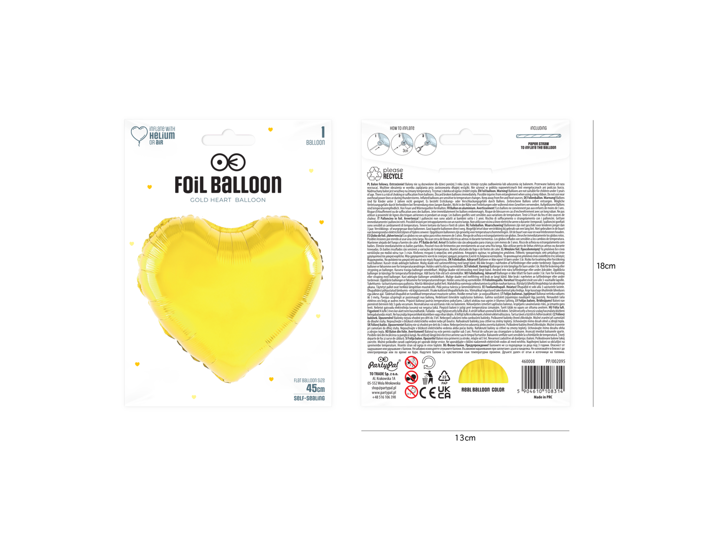 Folieballong, Hjärta, Guld, 46cm