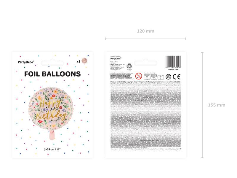 Folieballong, Happy Birthday, 35cm, Blommor