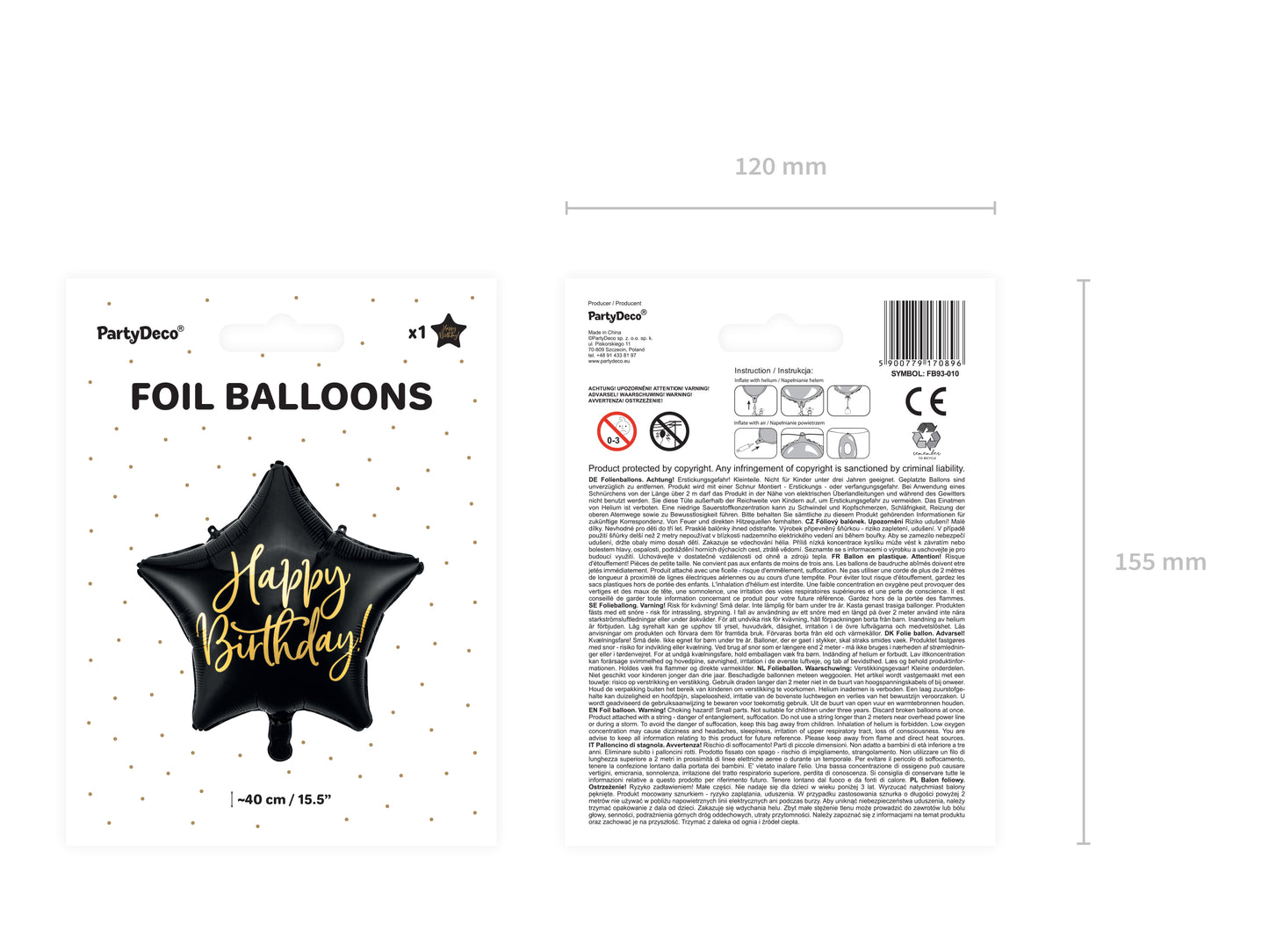 Folieballong Happy Birthday, 40cm, Svart