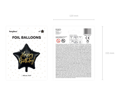 Folieballong Happy Birthday, 40cm, Svart