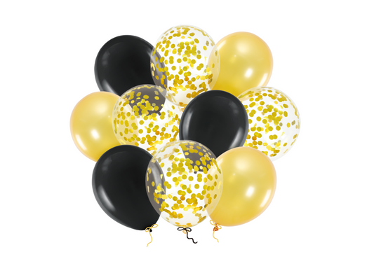 Konfettiballonger, Svart/Guld, 10-pack