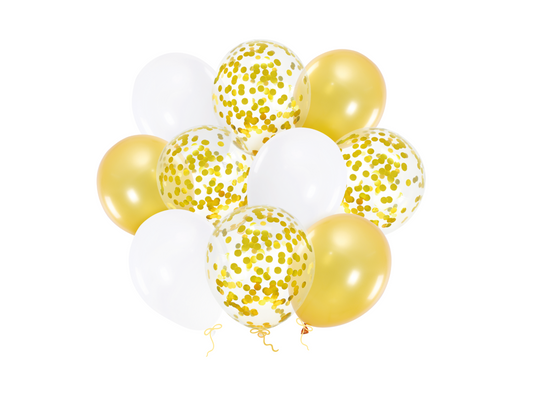 Konfettiballong, Vit/Guld, 10-pack
