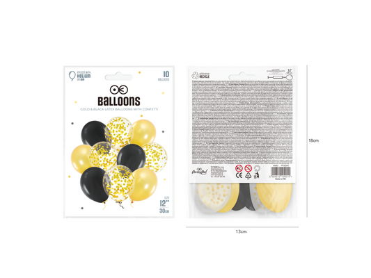 Konfettiballonger, Svart/Guld, 10-pack