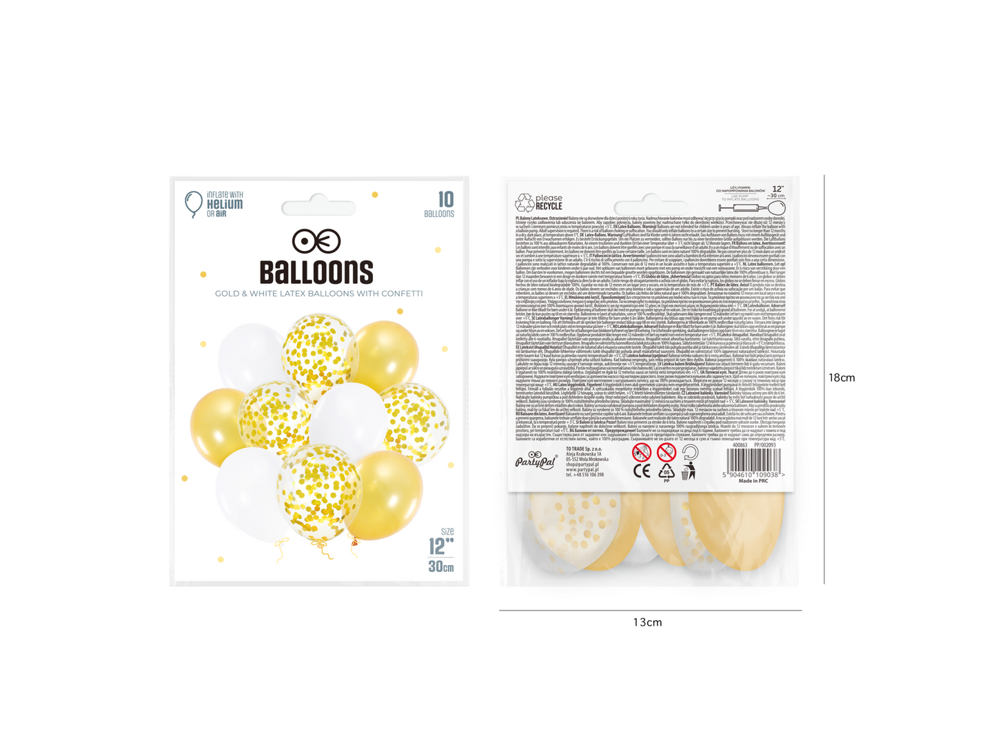 Konfettiballong, Vit/Guld, 10-pack