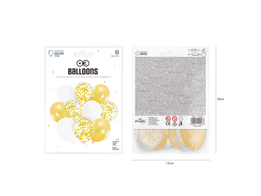 Konfettiballong, Vit/Guld, 10-pack